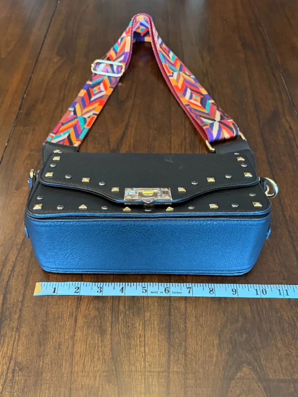 Black Leather Studded Boho Bag with Colorful Guitar Style Adjustable Strap
